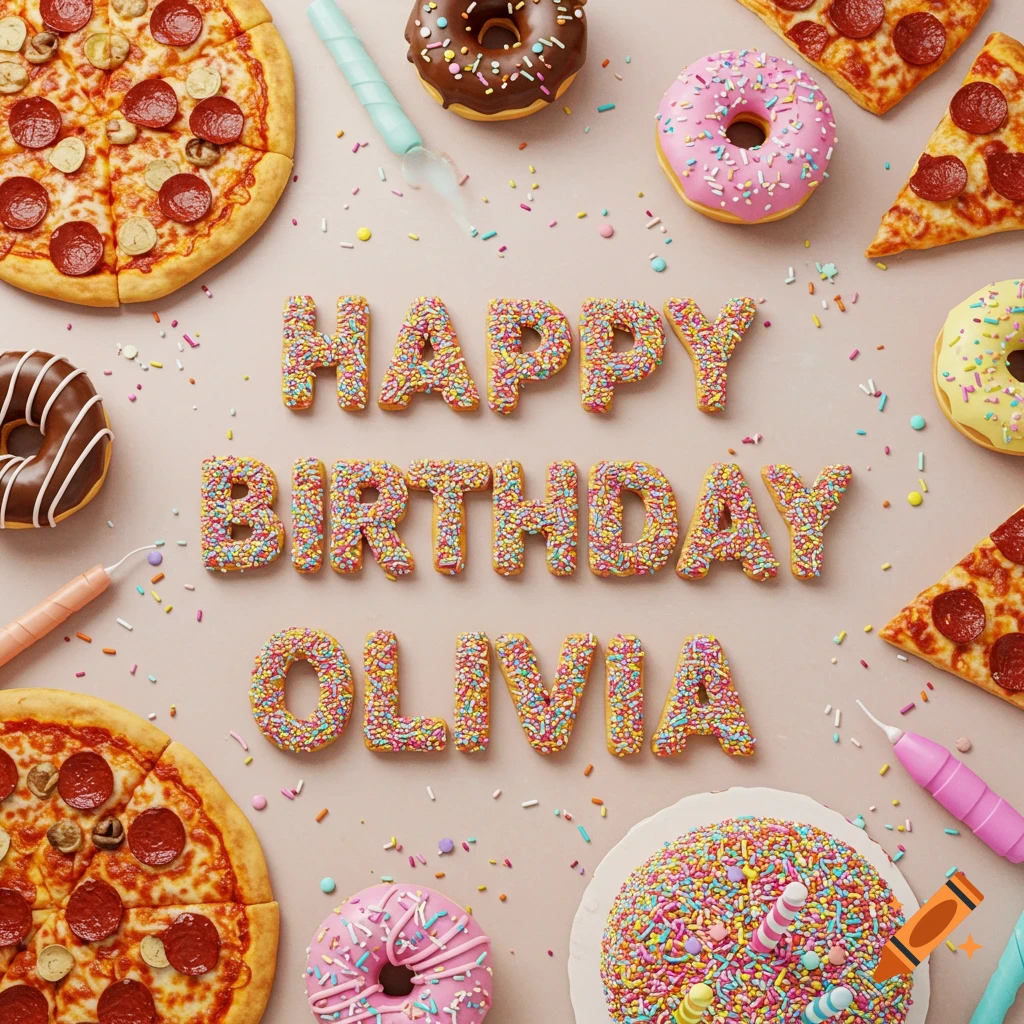 Pizza, donuts, and a sprinkle cake surrounding the text 'Happy Birthday Olivia'.