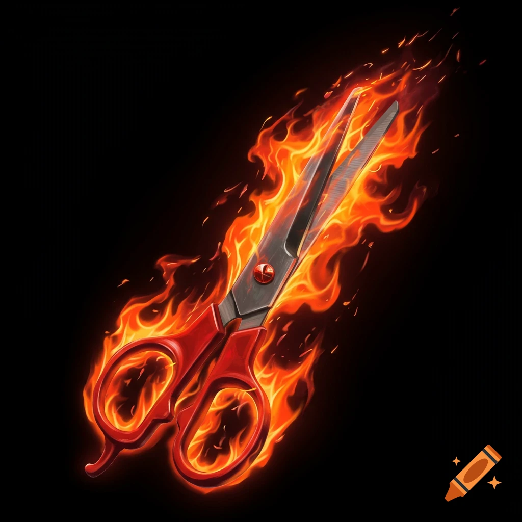Red and black scissors engulfed in flames against a black background.