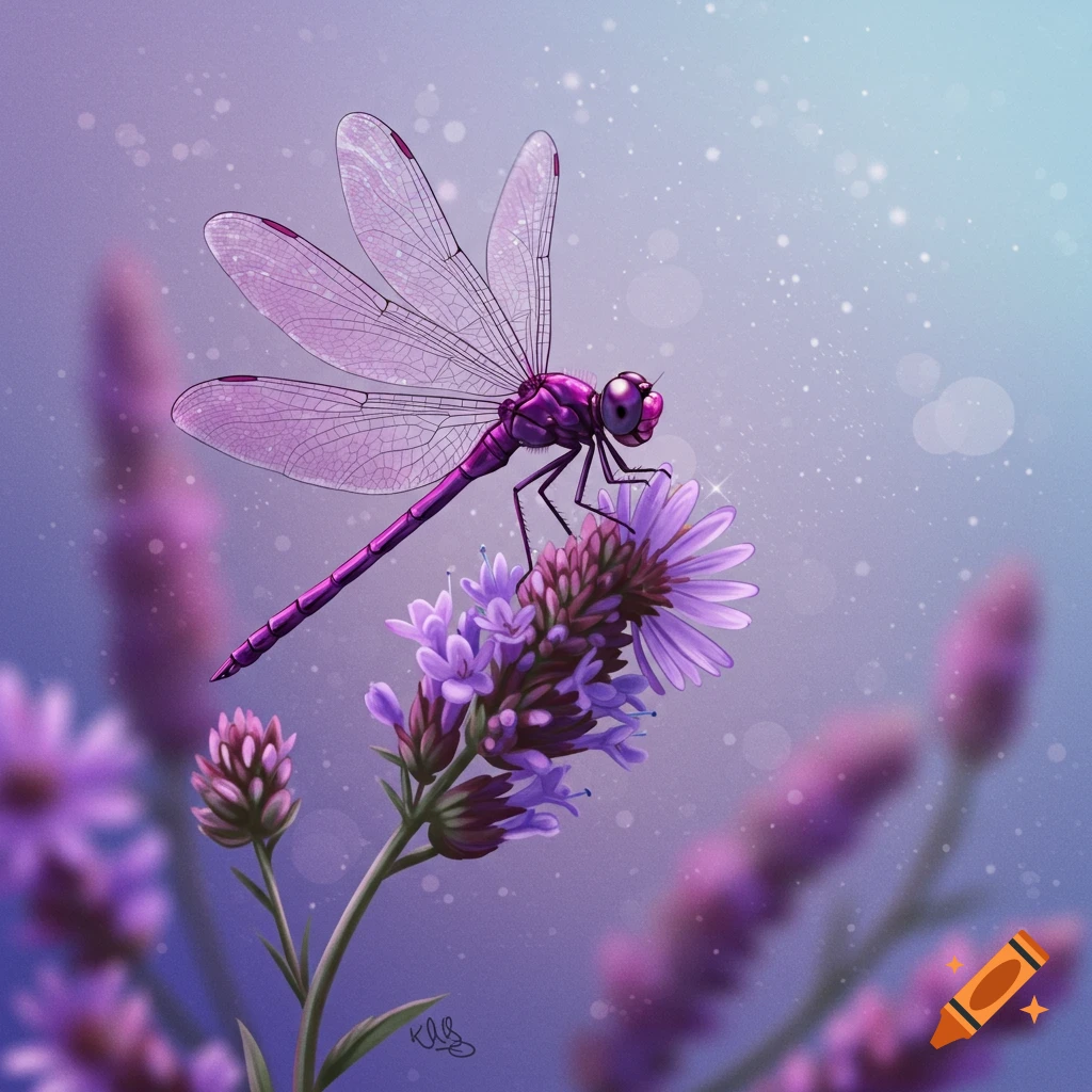A purple dragonfly perches on purple flowers.