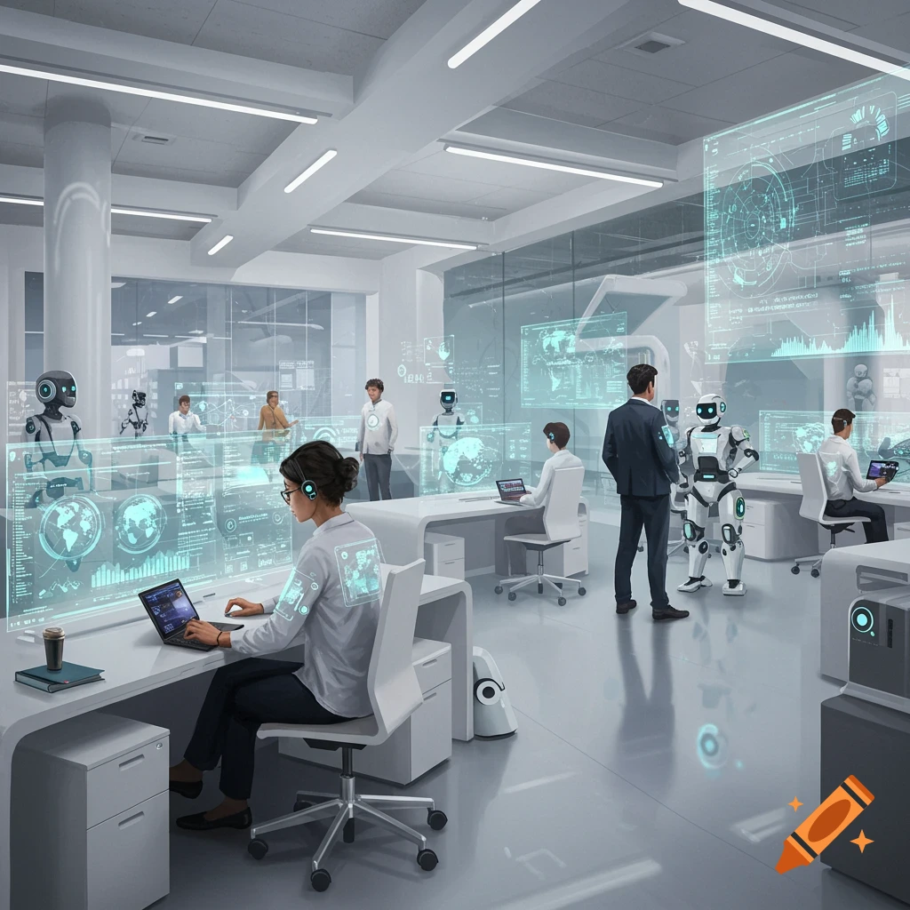 A futuristic high-tech office with people and robots using holographic screens