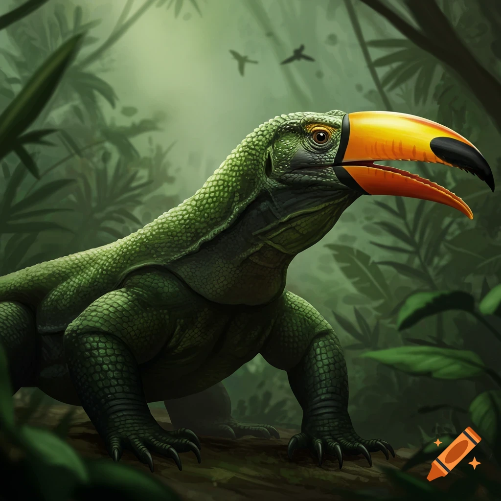 A green lizard-like creature with a large orange and black toucan beak in a jungle.