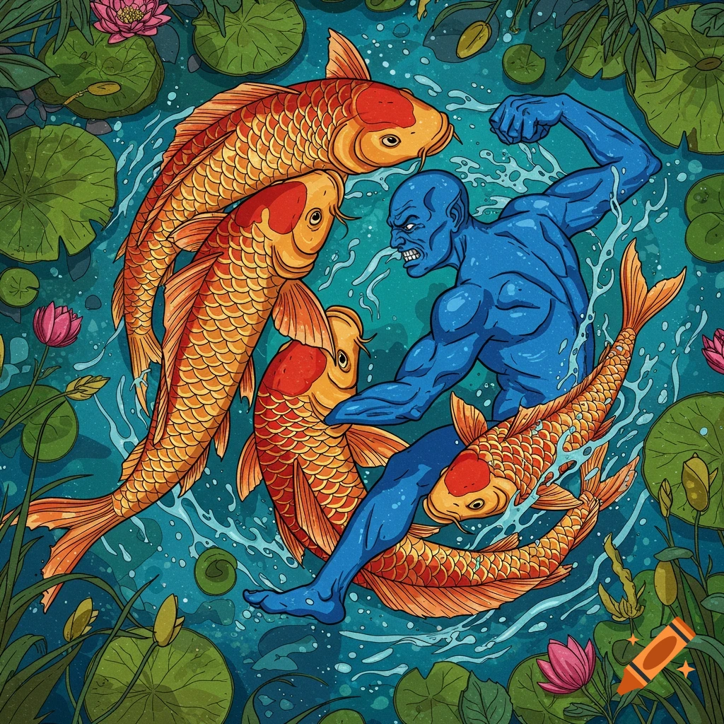 Blue creature fights three large koi fish in a pond with lily pads, digital illustration.