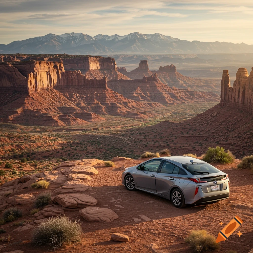 A silver Toyota Prius overlooks a vast desert canyon landscape with red rock formations and distant mountains.