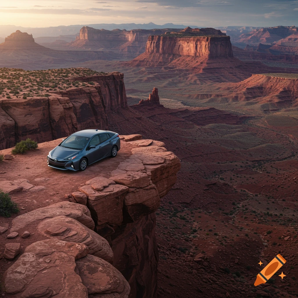 A blue car is parked on a rocky cliff edge overlooking a vast desert canyon landscape.