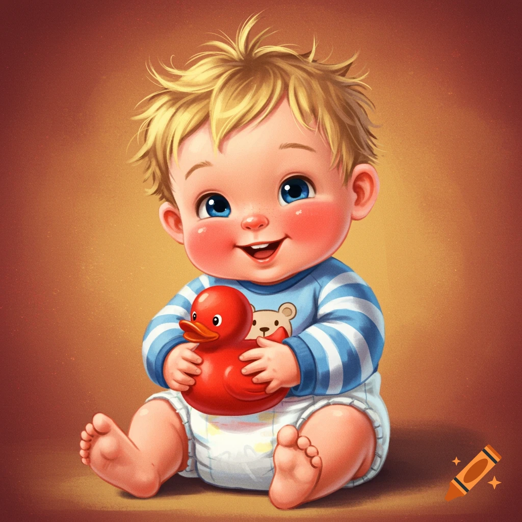 Illustration of a happy baby holding a red rubber duck in a diaper and striped onesie
