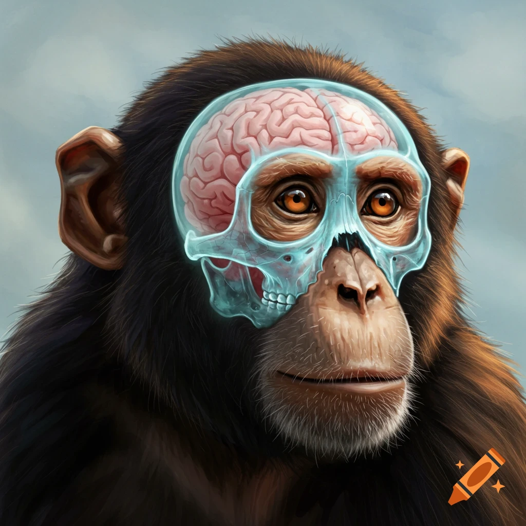 Chimpanzee with a transparent skull showing its brain.