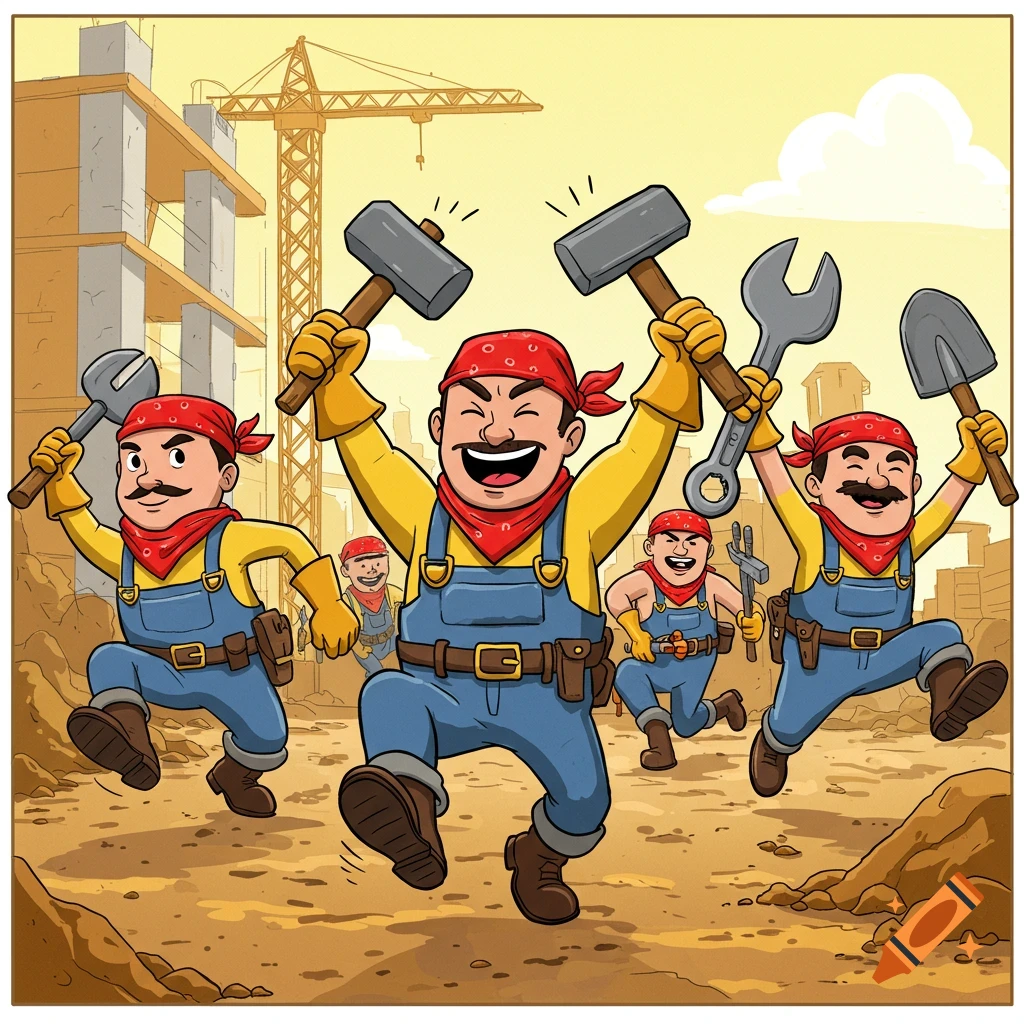 Cartoon construction workers with red bandanas dance with hammers, a wrench, and a shovel at a construction site.