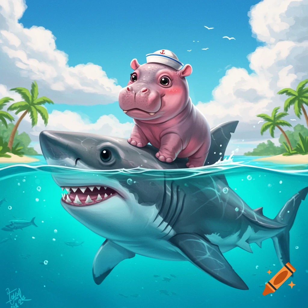 A vibrant image of a cute baby hippo wearing a sailor hat riding on the back of a shark in the ocean near a tropical island.