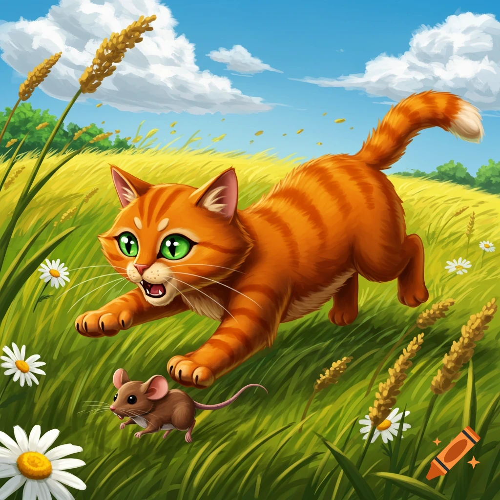 Cartoon orange tabby cat chasing a mouse through a field of tall grass and wildflowers.