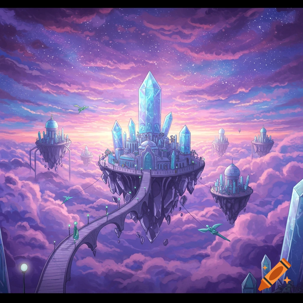A floating fantasy city with crystal structures and bridges among purple clouds and stars.