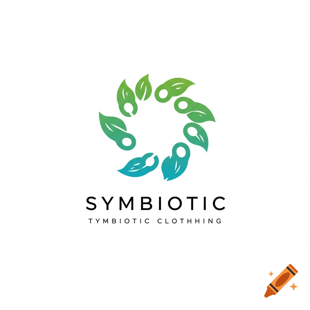 A logo with circular green and blue leaf shapes above text reading SYMBIOTIC TYMBIOTIC CLOTHHING.