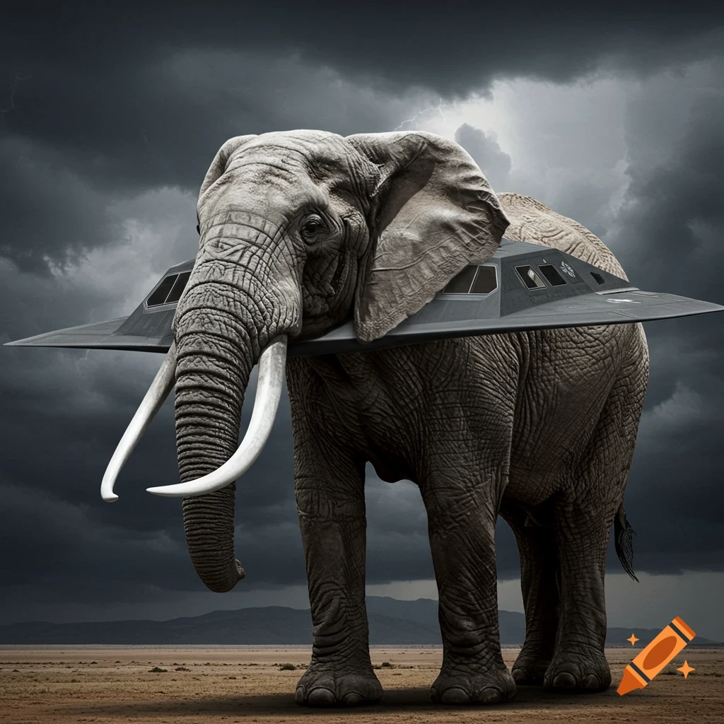 An elephant fused with a stealth bomber stands in a stormy landscape.