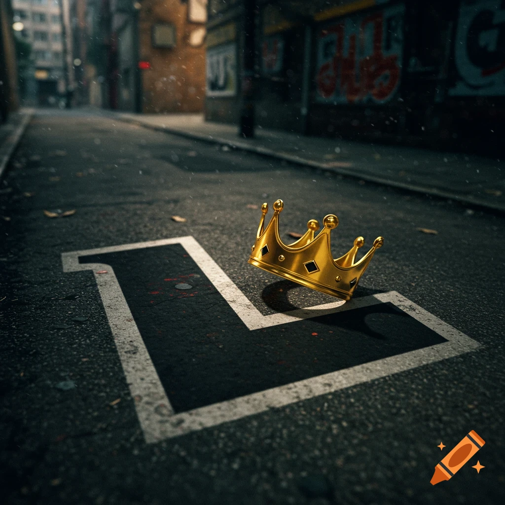 A golden crown rests on a large black letter L painted on an urban street.