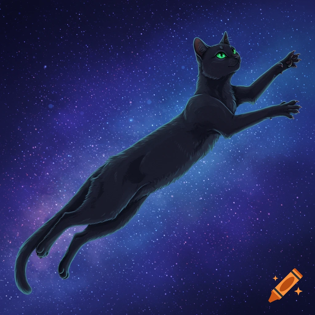 A black cat is leaping through a starry space background.