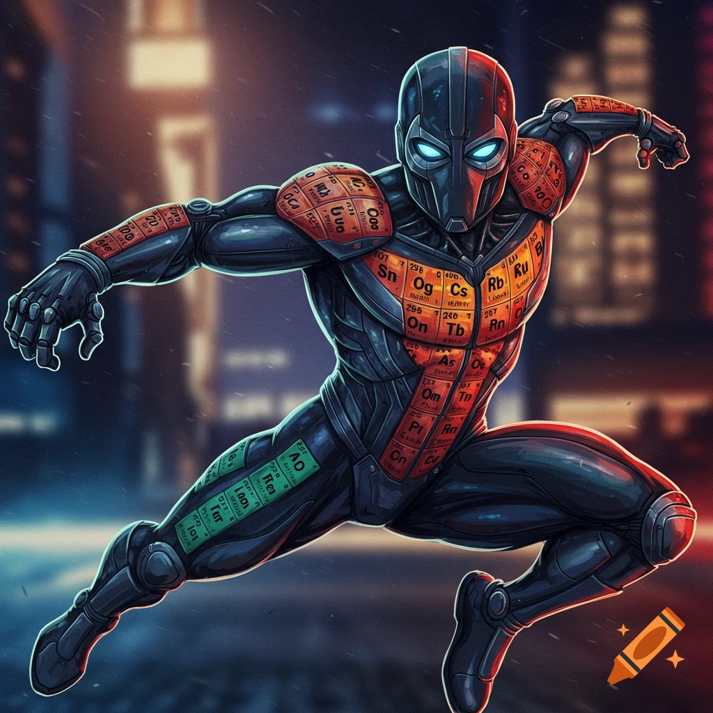 Superhero in periodic table suit leaps through city night