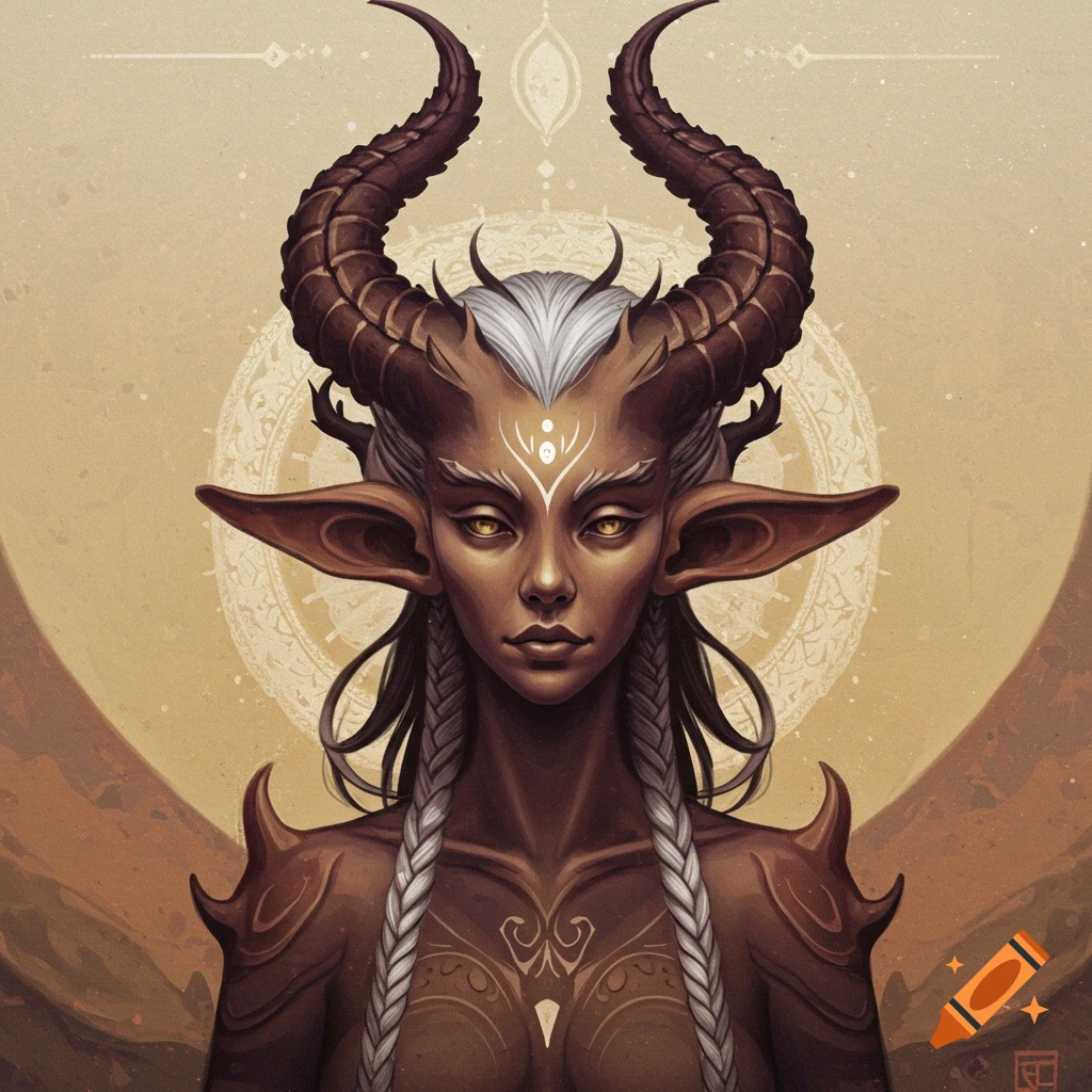 Fantasy portrait of a female creature with large horns and pointed ears.
