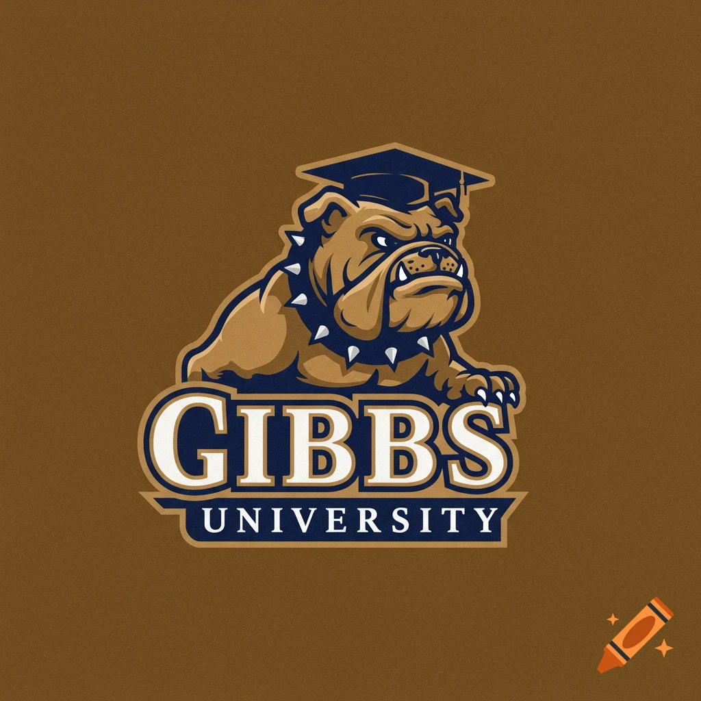 Logo of a bulldog mascot wearing a graduation cap above the text GIBBS UNIVERSITY.