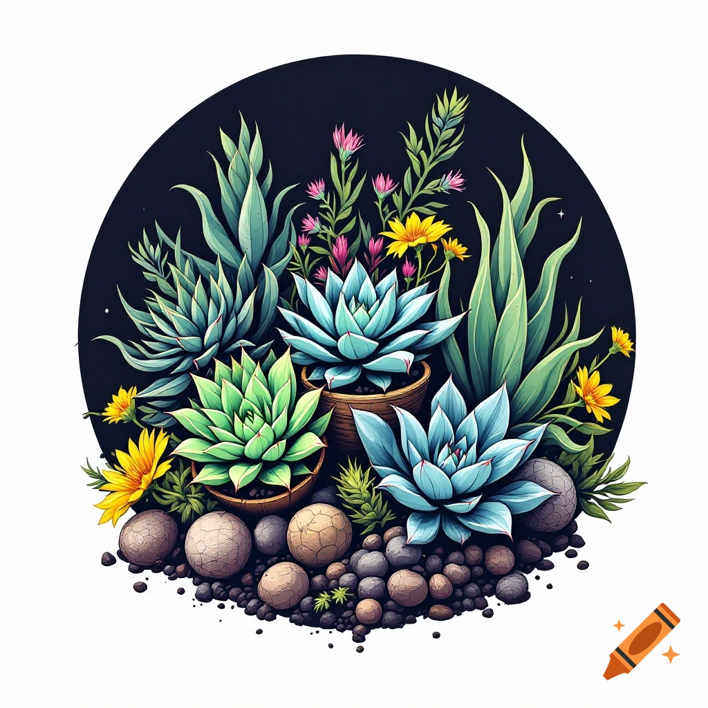 Succulents, plants, and rocks arranged in a circular logo shape on a black background.
