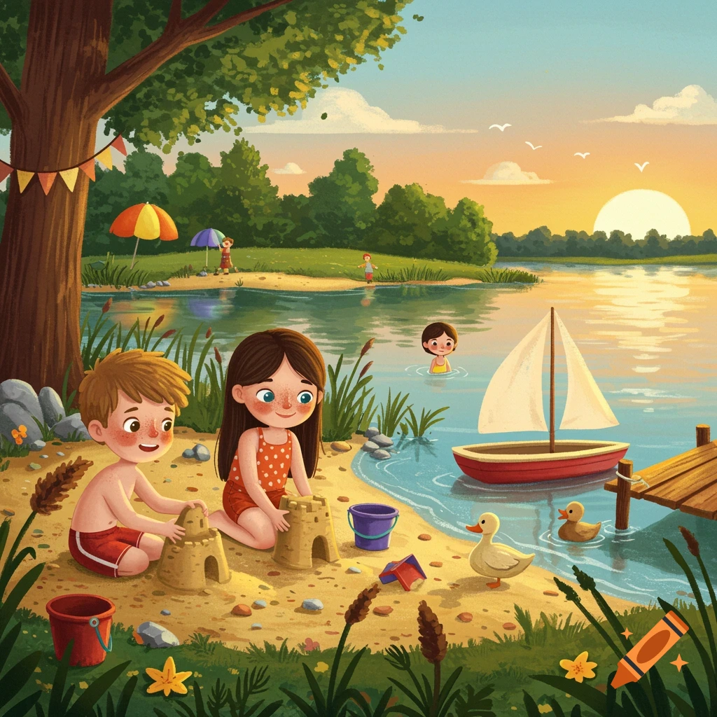 An illustration of children building sandcastles and swimming by a lake at sunset.
