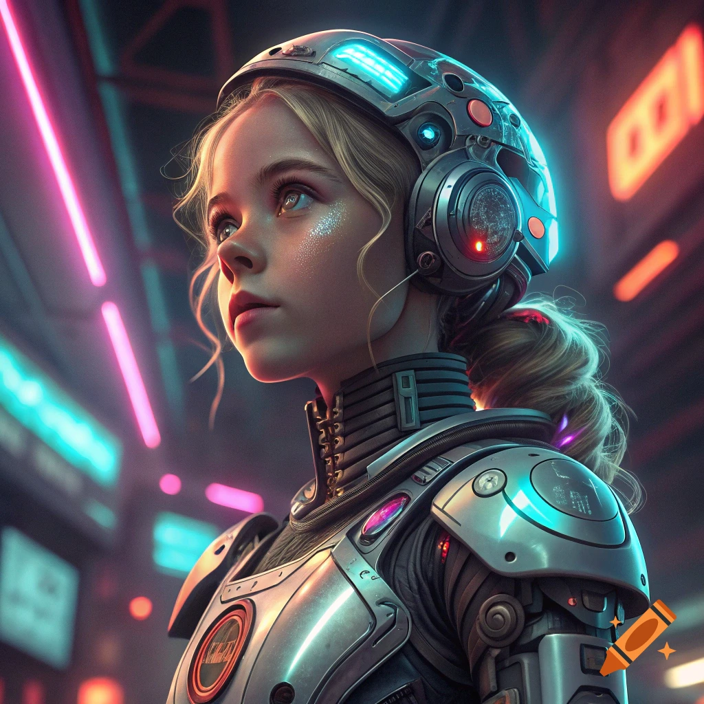 Close-up portrait of a young cyborg wearing futuristic armor and helmet in a neon city