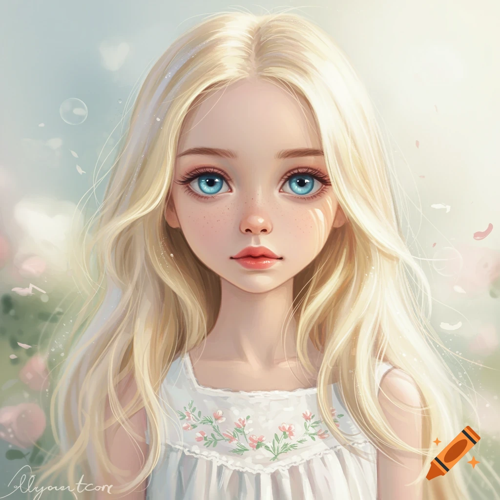 A blonde girl with bright blue eyes in a white dress.