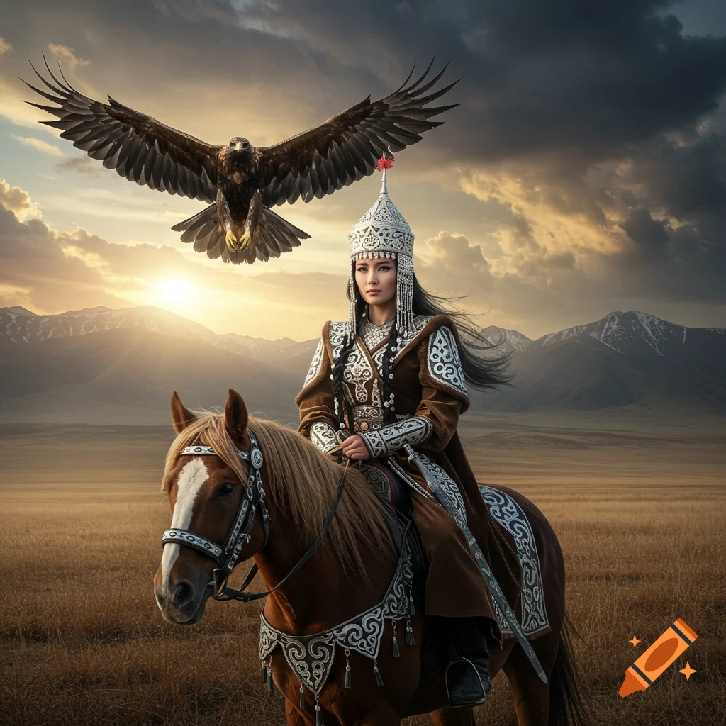 A fantasy image of a woman warrior on horseback in traditional clothing on a steppe with an eagle flying overhead.
