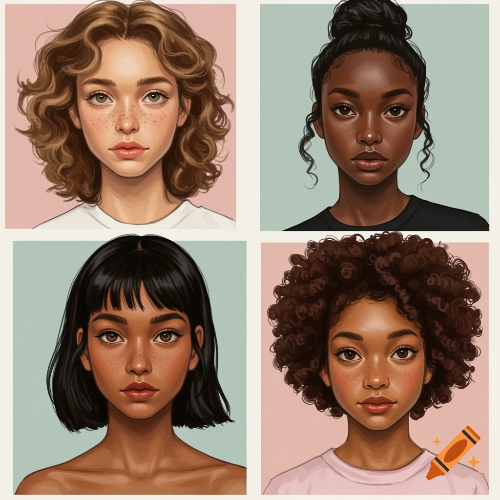 portraits of four young women with different hair and skin tones.