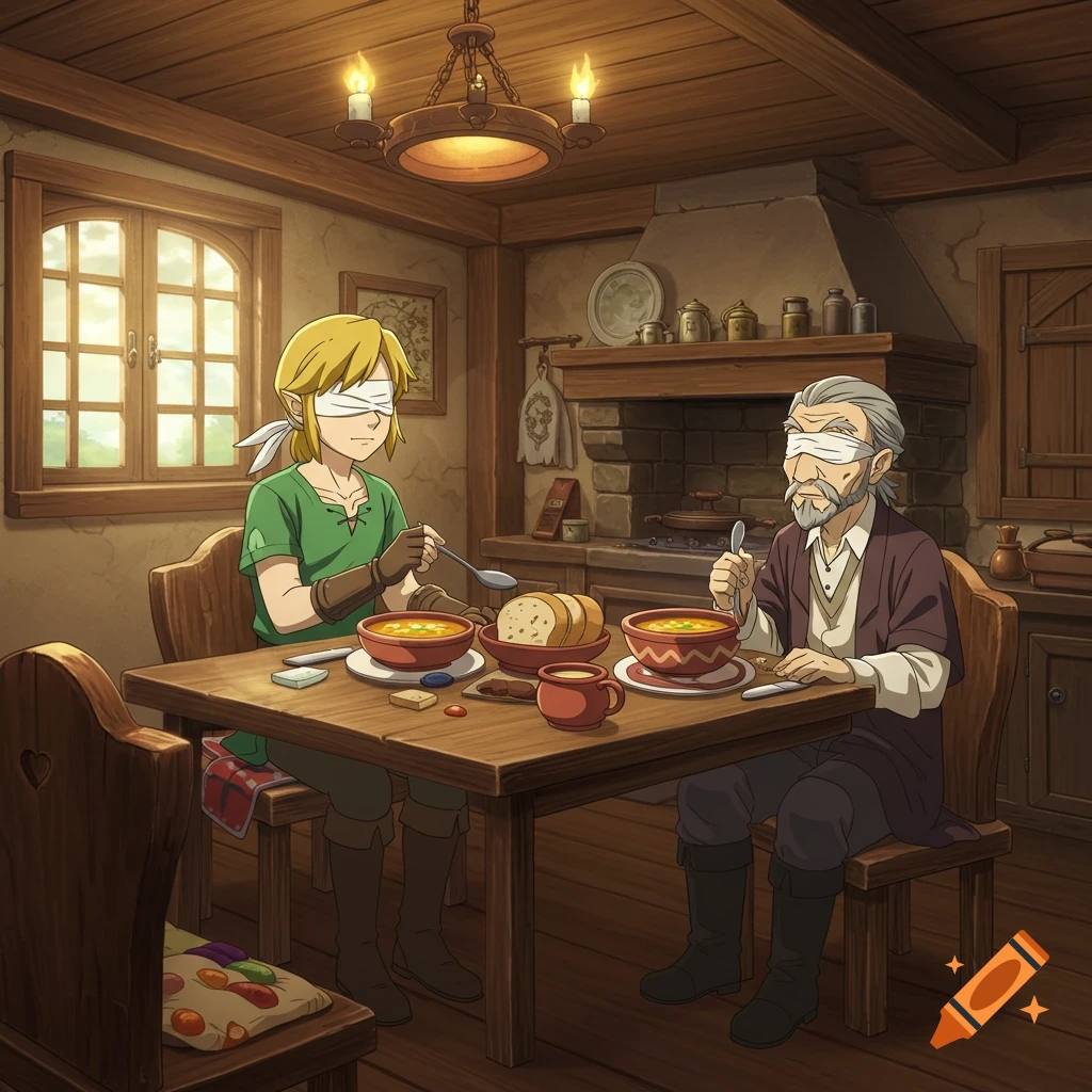 Anime style image of a blindfolded Link and an old man eating soup at a table in a cozy cottage.