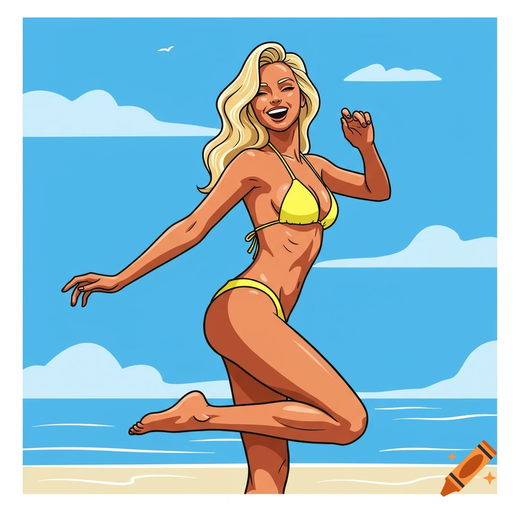Vector art of a blonde woman in a yellow bikini posing on a beach.