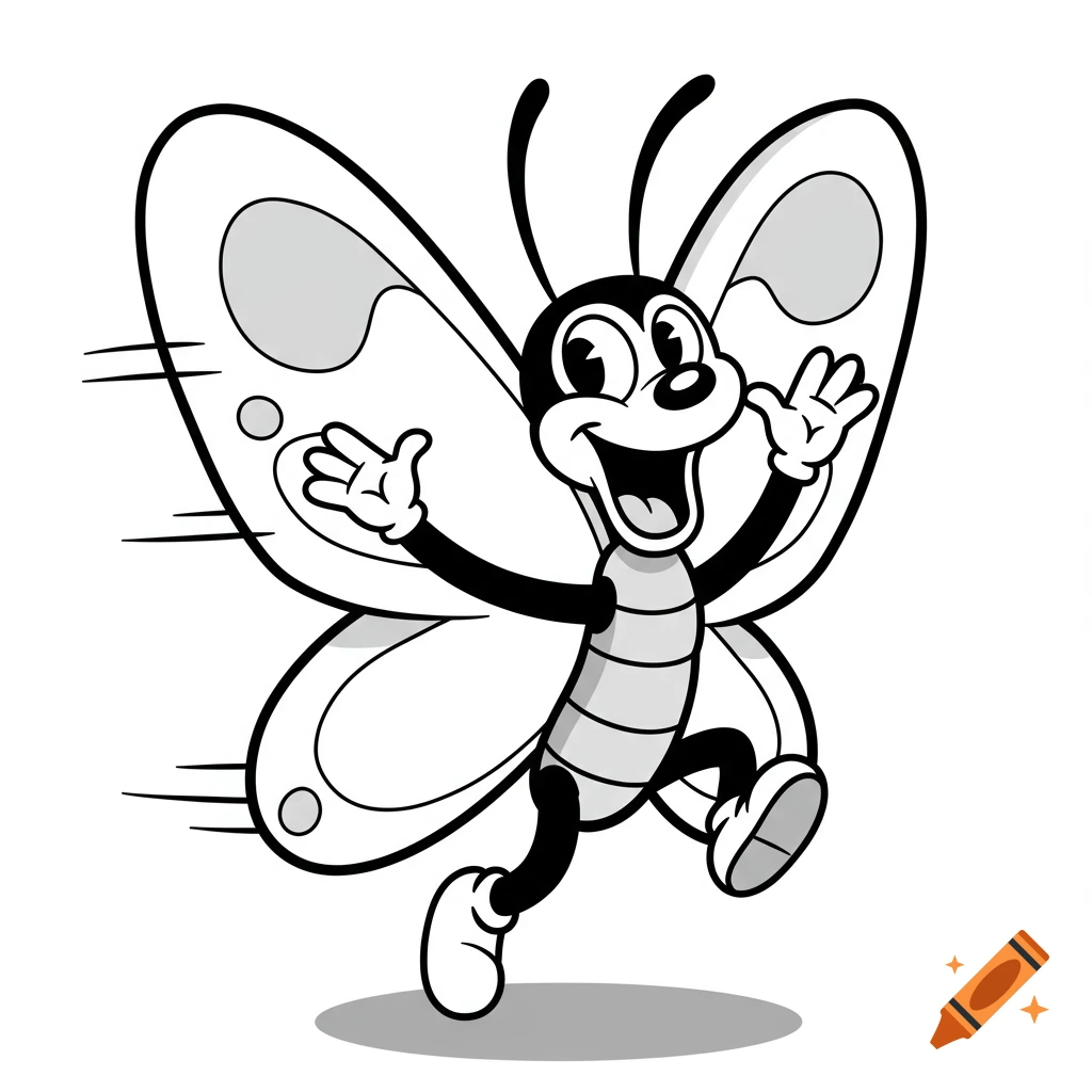 Black and white cartoon butterfly waving
