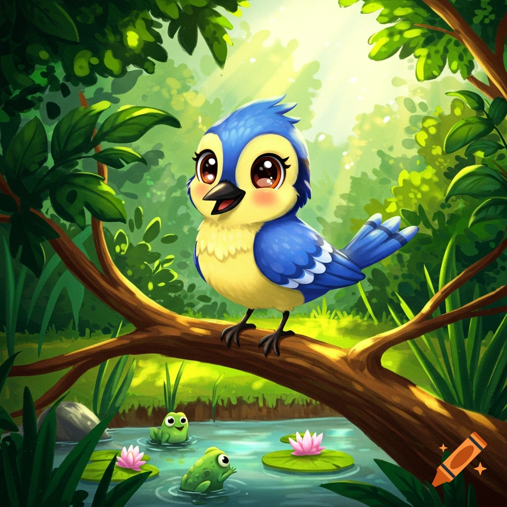 A cute cartoon bird sits on a branch above a pond with frogs and lily pads in a forest.