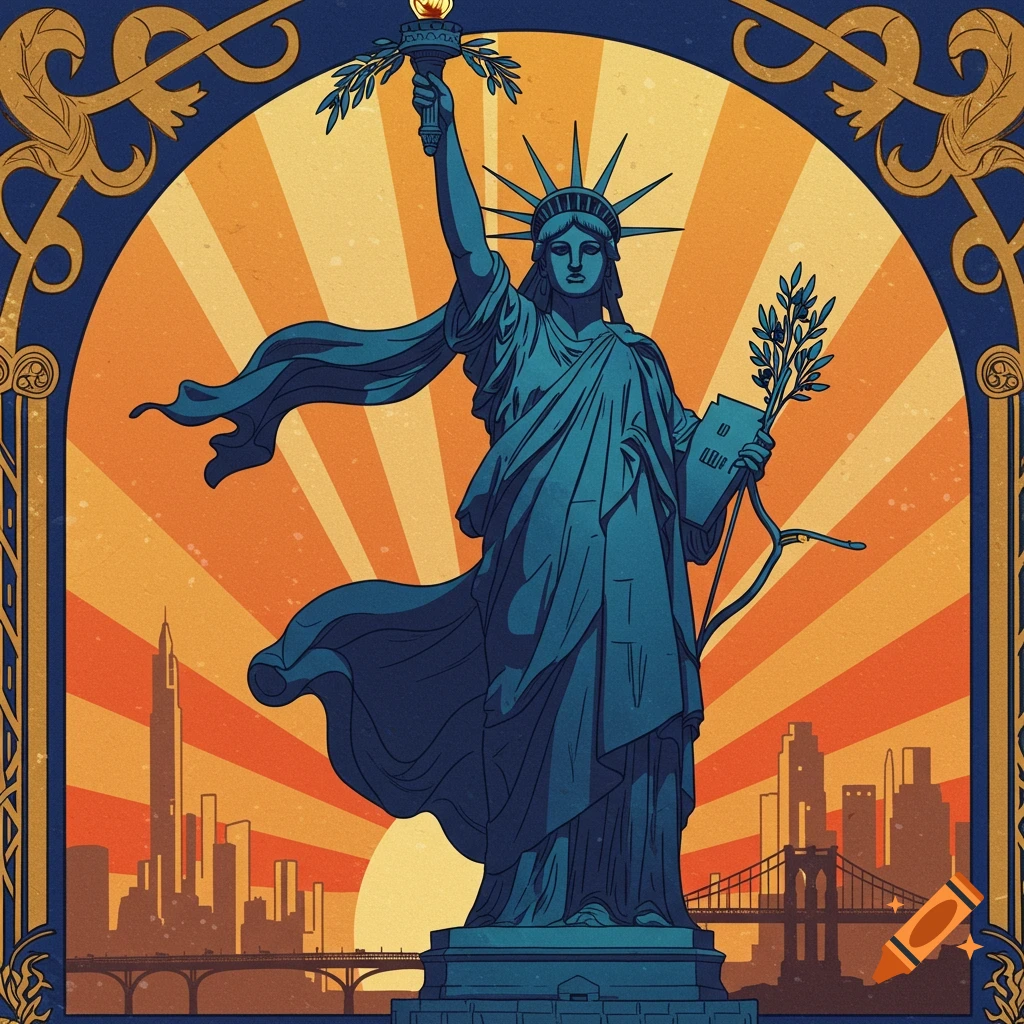 The Statue of Liberty stands in front of a city skyline with sunrays and decorative borders.