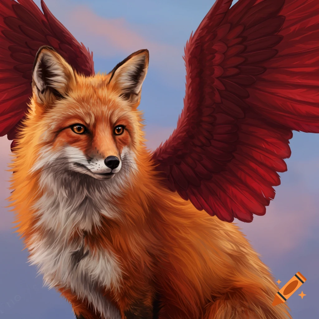 A red fox with large red wings sits against a blue and pink sky.