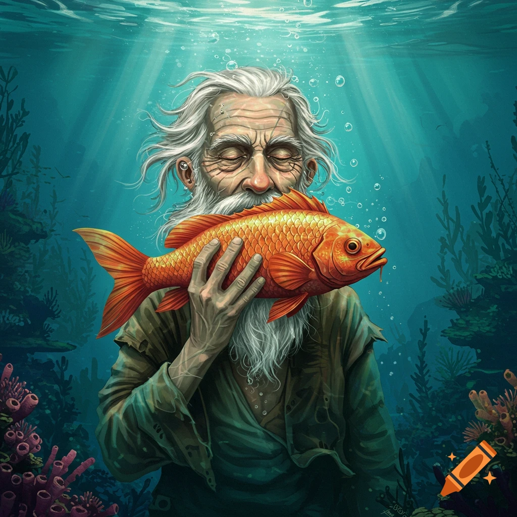 An old man underwater holding a large goldfish.