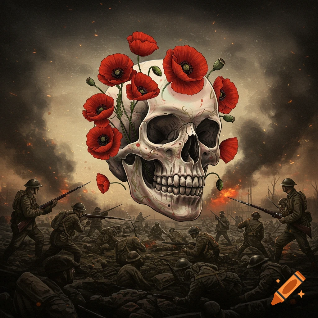A skull adorned with poppy flowers hovering over a battlefield with soldiers.