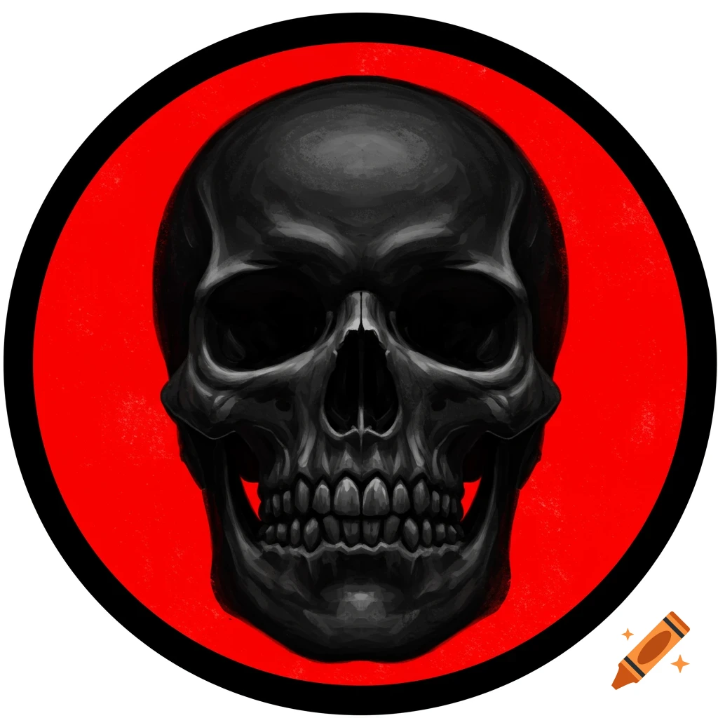 A black skull in a red circle with a black border.