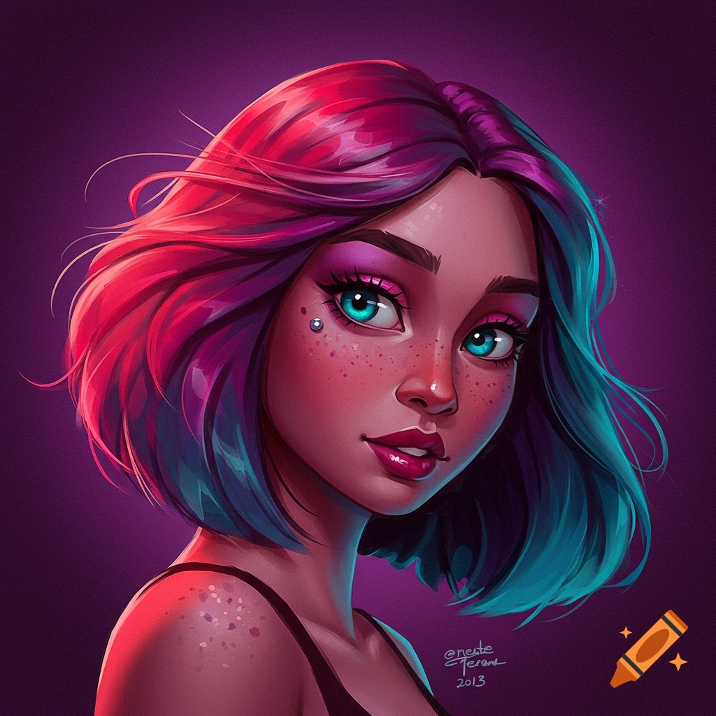 A stylized image of a person with red and blue hair and vibrant makeup