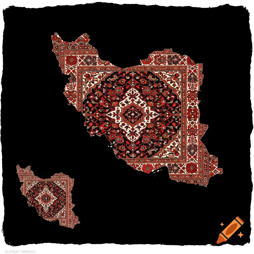 Outline map of Iran filled with a red and black Persian rug pattern on a black background. A smaller version of the map is also shown.