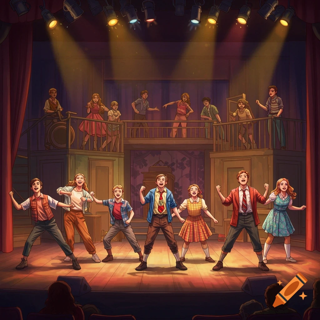 students performing a musical on stage under spotlights.