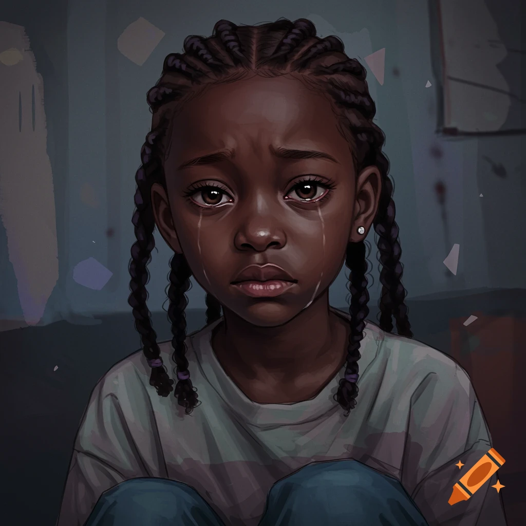 A young Black girl with braided hair is crying in a dimly lit room.