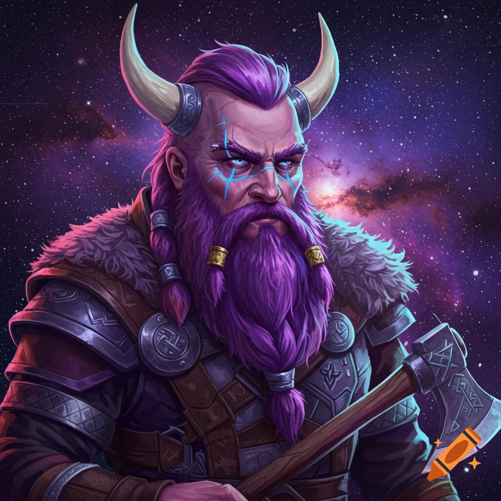 A Viking with a shaggy purple beard and horns, holding an axe against a starry outer space background.