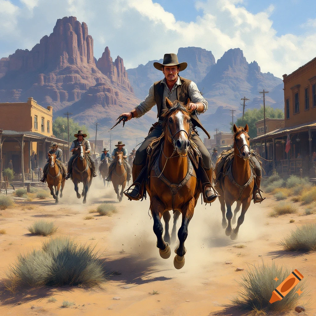 Cowboys riding horses through a dusty Western town.