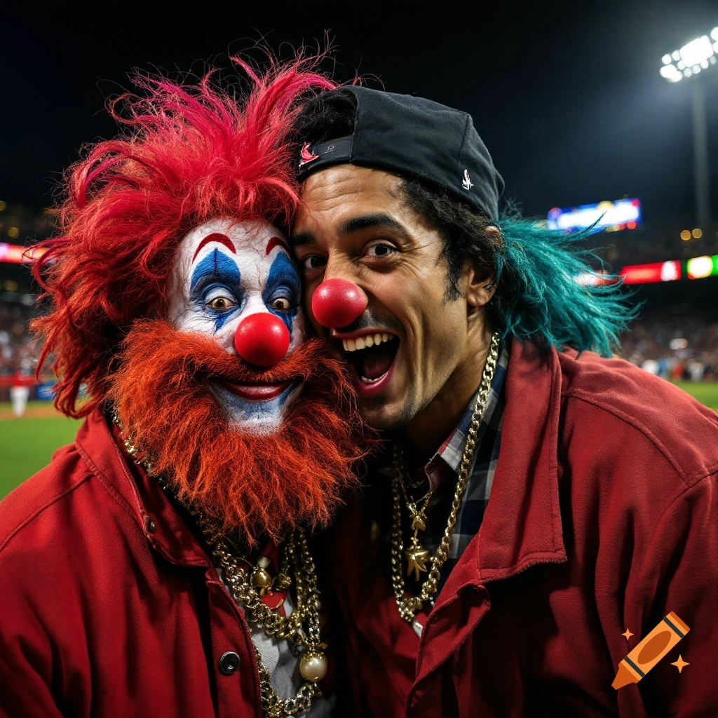 Two clowns posing and laughing together in a baseball stadium at night.