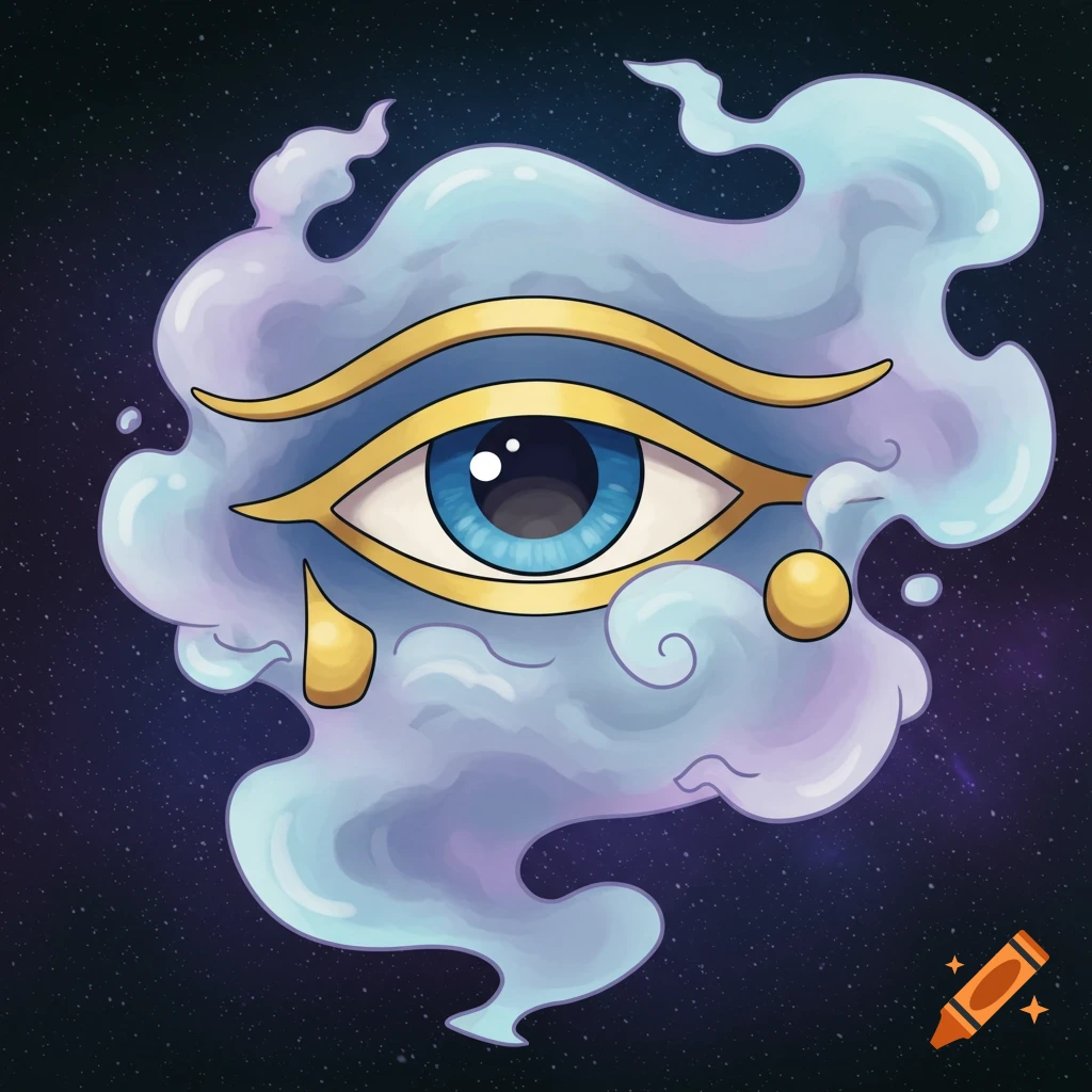 Cartoon eye of Horus in blue smoke against a starry space background.