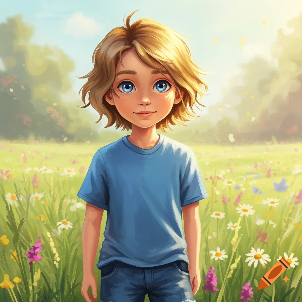 A boy with blond hair stands in a meadow of wildflowers.
