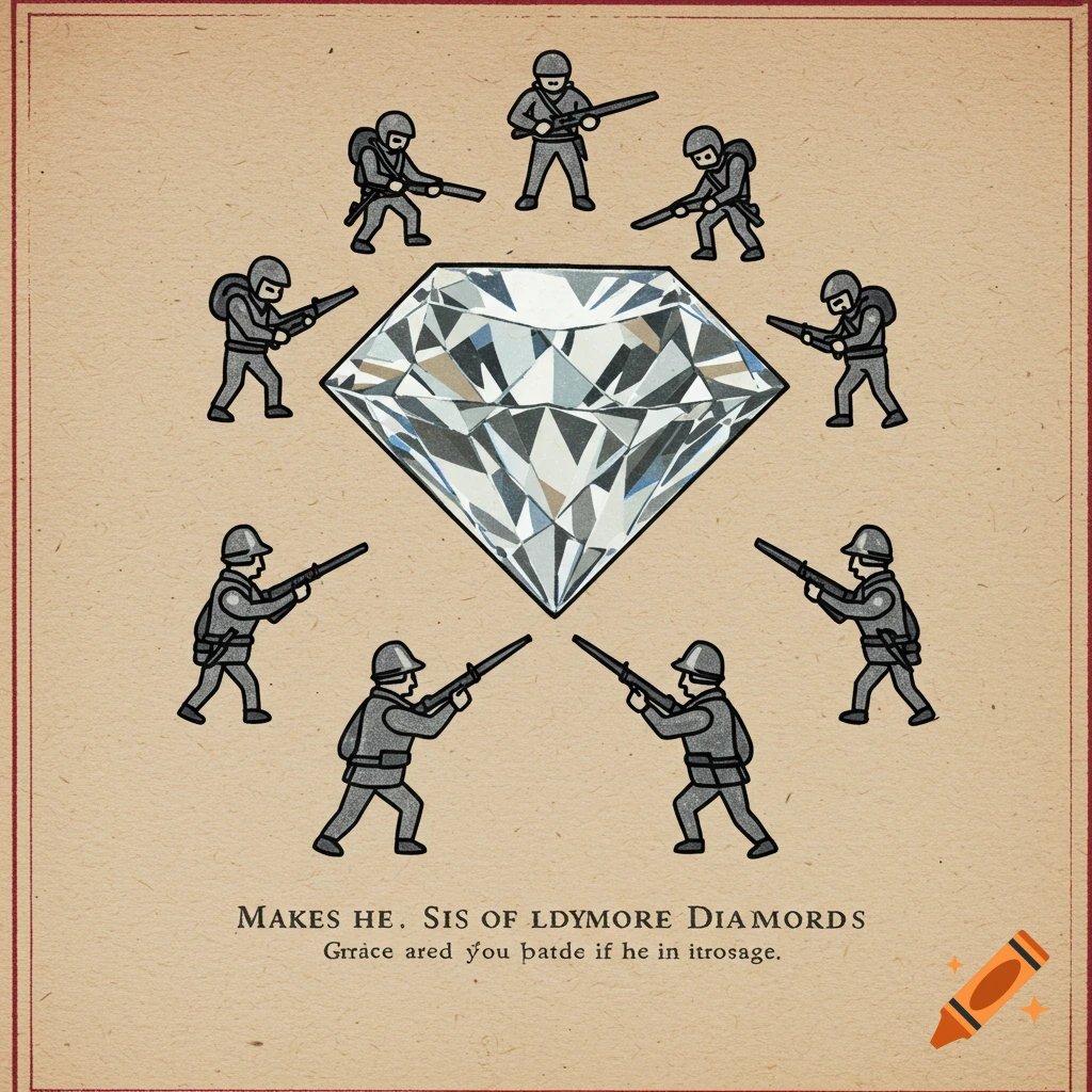 Illustration of a large diamond surrounded by small figures of soldiers holding rifles