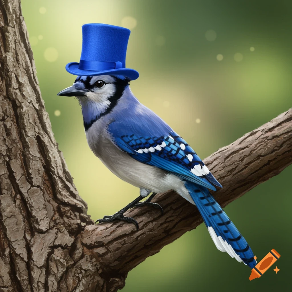 A blue jay bird wearing a blue top hat is sitting on a branch.