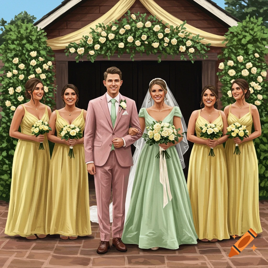 A wedding party stands outside a church. The bride is in sage green, the groom in pink, and the bridesmaids are in yellow.