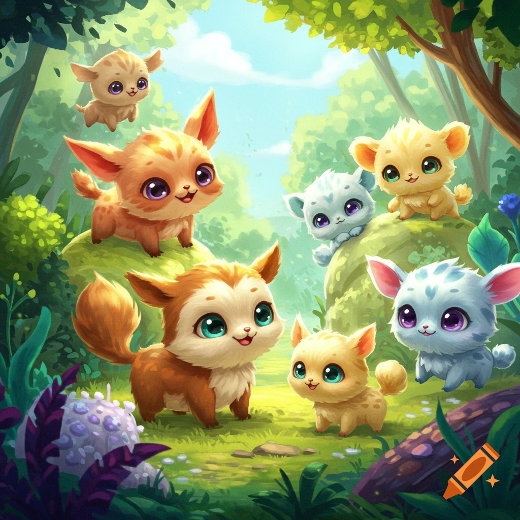 Cute, fluffy fantasy creatures in a bright, sunny forest.