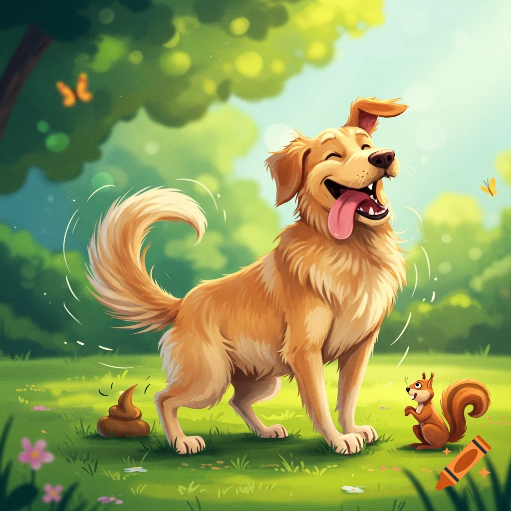 Happy golden retriever dog wags tail near poop and squirrel in sunny park.